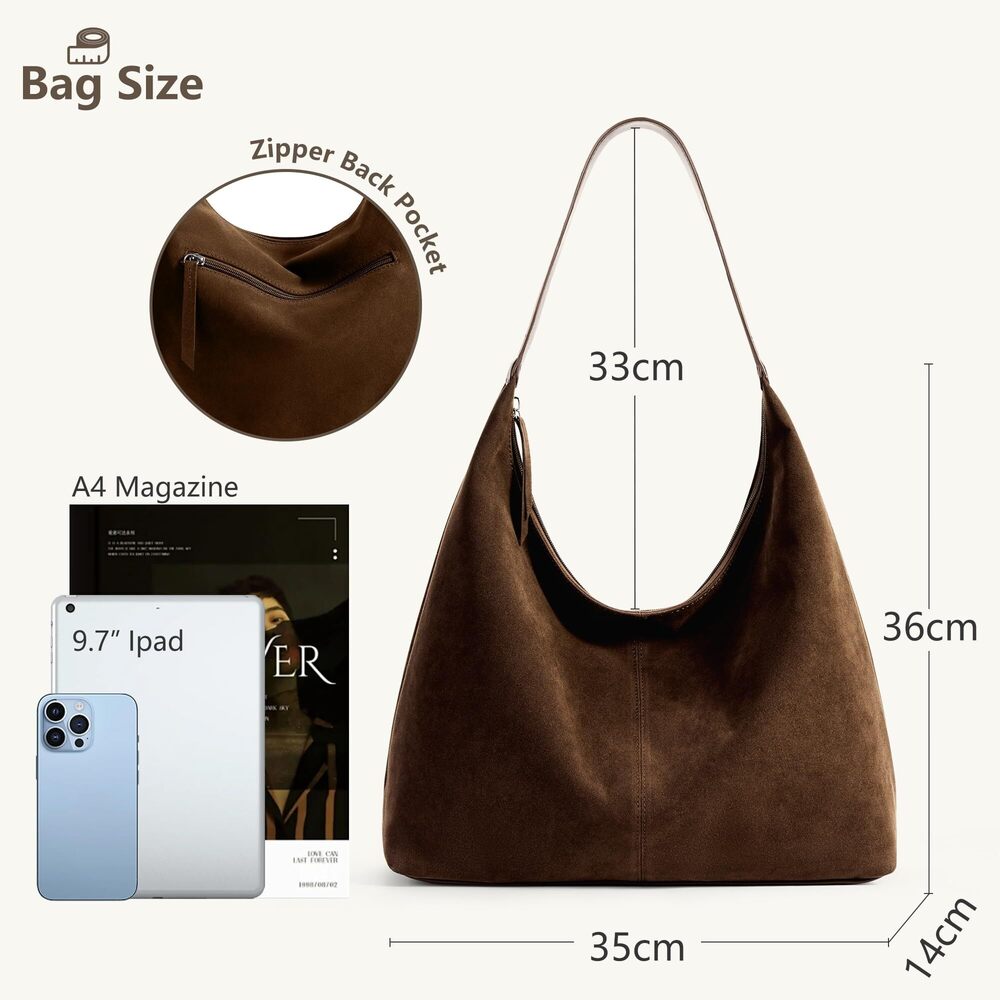 9625 Suede Cresent Tote, Slouchy Hobo Bag Vegan Leather Medium Zipper - Picture 4 of 7
